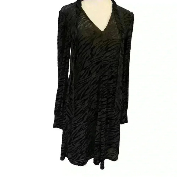 Calvin Klein Black Velvet Leopard Print Burnout Long Sleeve Dress Size 4 Stretch - Picture 1 of 8